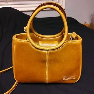 Rosetti Designer Round Leather Mini Purse and Wallet Tan Camel Brown Cross body